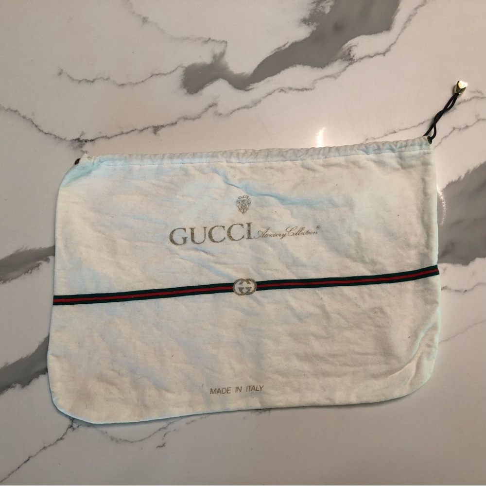 Gucci White Drawstring Dust Cover Pouch with Green-Red Web Stripe Vintage